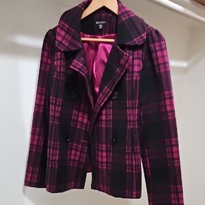 Oxford Women's Black and Pink Plaid Pea Coat